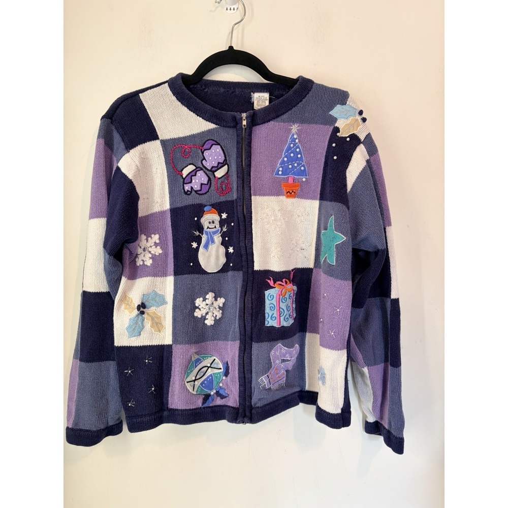 Vintage Patchwork Christmas Sweater Zip Cardigan Snowman Holiday L Beaded
